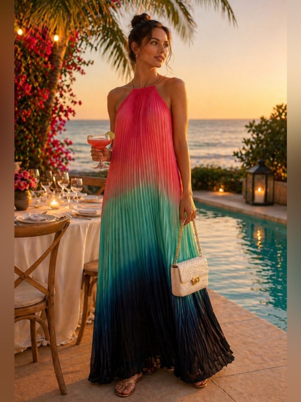 Trina Turk Multicolor Ombre Pleated Maxi Dress - Pink, Teal, Navy